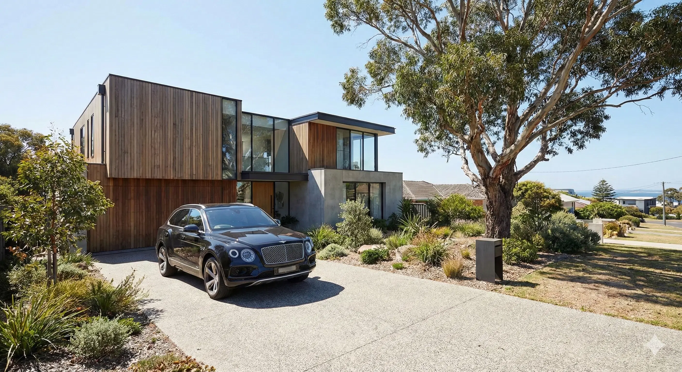Car in driveway with nice house behind